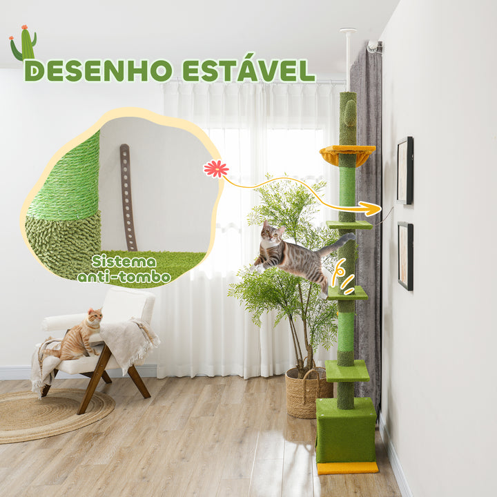 Arranhador para Gatos de Chão a Teto de 230-275 cm Torre para Gatos com Altura Ajustável Plataformas Caverna Rede Postes de Sisal e Bola de Jogo Verde