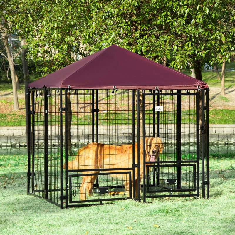 Parque para Cães com 8 Painéis Recinto para Cães Metálico de Exterior com 2 Suportes Giratórios para Comida 2 Tigelas e Toldo Impermeável e Anti-UV 141x141x153 cm Preto e Vermelho