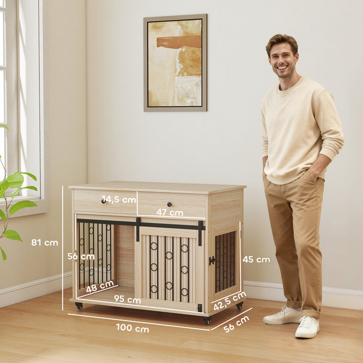 Gaiola para Cães com Rodas Mesa de Apoio Casa para Animais Moderna com 2 Gavetas 2 Portas e Fecho para Cães Médios e Grandes 100x56x81 cm Carvalho