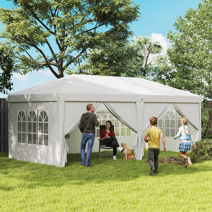 Tenda para Festas 585x295x270 cm com Paredes Laterais Amovíveis Tenda Dobrável com 2 Portas com Fecho de Correr 4 Janelas e Bolsa de Transporte Branco