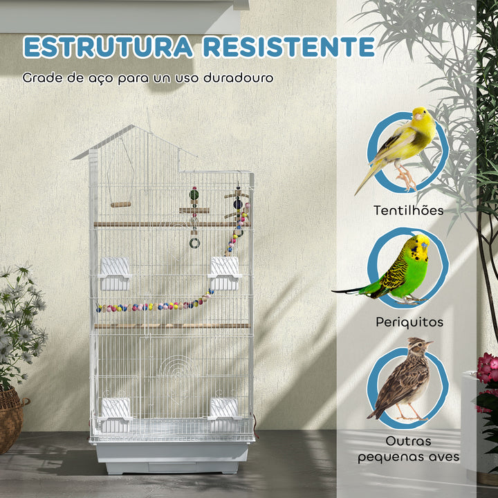 Gaiola para Passáros Gaiola de Metal com Múltiplas Portas 4 Comedouros 3 Poleiros Baloiço Escadas e Bandeja Removível para Periquitos Canários 46x36x100 cm Branco