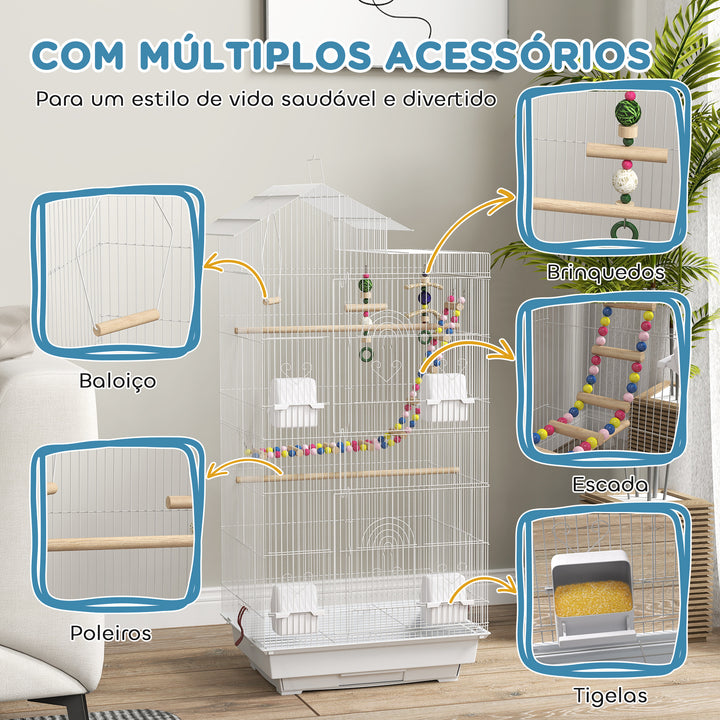 Gaiola para Passáros Gaiola de Metal com Múltiplas Portas 4 Comedouros 3 Poleiros Baloiço Escadas e Bandeja Removível para Periquitos Canários 46x36x100 cm Branco