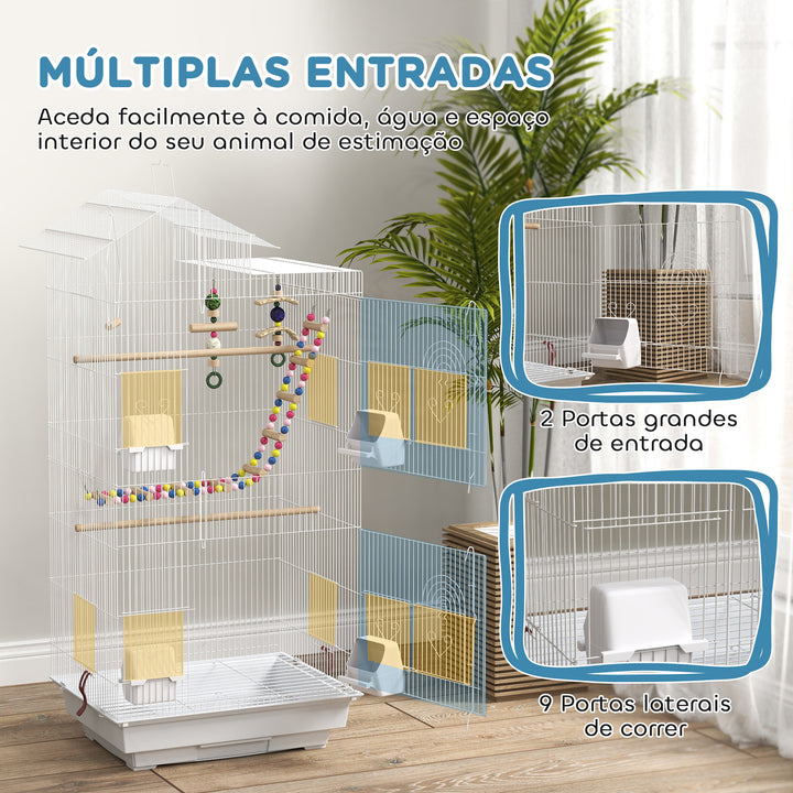 Gaiola para Passáros Gaiola de Metal com Múltiplas Portas 4 Comedouros 3 Poleiros Baloiço Escadas e Bandeja Removível para Periquitos Canários 46x36x100 cm Branco