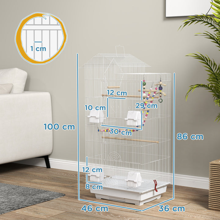 Gaiola para Passáros Gaiola de Metal com Múltiplas Portas 4 Comedouros 3 Poleiros Baloiço Escadas e Bandeja Removível para Periquitos Canários 46x36x100 cm Branco