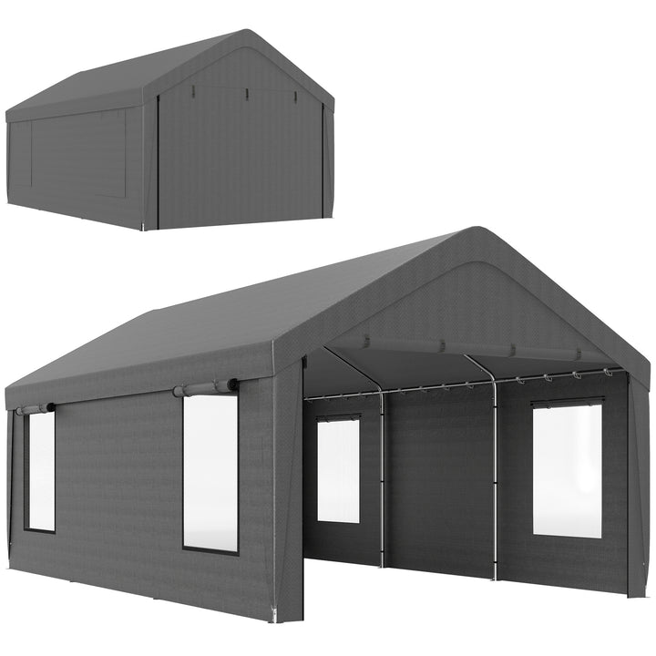 Tenda Garagem Portátil 6x3,6 m Garagem Exterior para Carro Impermeável Abrigo de Armazenamento Anti-UV com Paredes Laterais Removíveis e 2 Portas com Fecho de Correr para Carro Cinzento