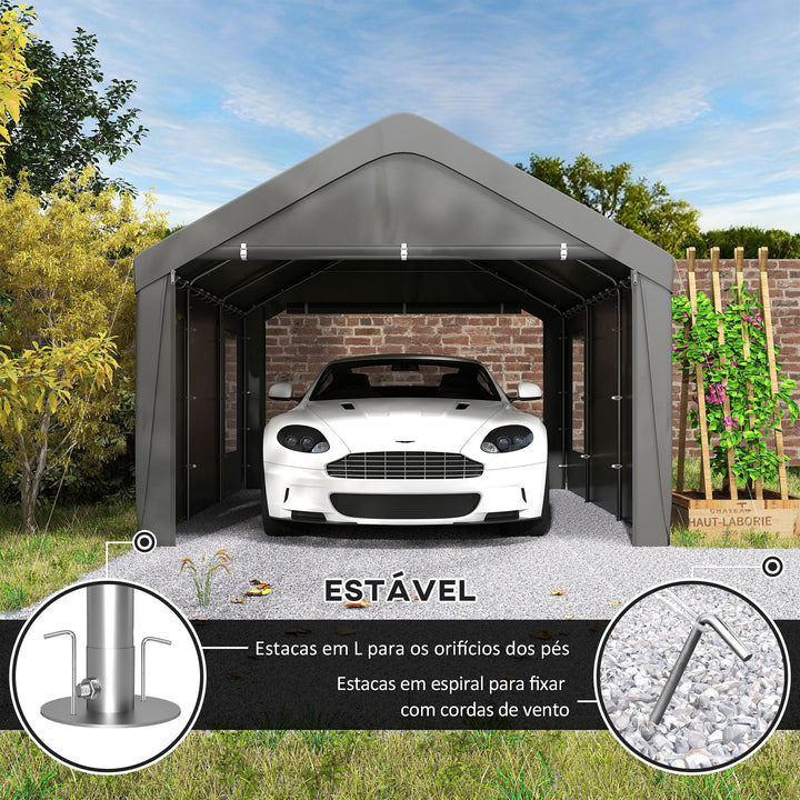 Tenda Garagem Portátil 6x3,6 m Garagem Exterior para Carro Impermeável Abrigo de Armazenamento Anti-UV com Paredes Laterais Removíveis e 2 Portas com Fecho de Correr para Carro Cinzento