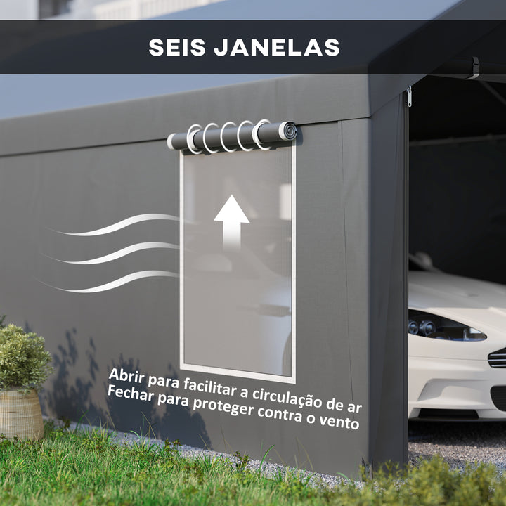 Tenda Garagem Portátil 6x3,6 m Garagem Exterior para Carro Impermeável Abrigo de Armazenamento Anti-UV com Paredes Laterais Removíveis e 2 Portas com Fecho de Correr para Carro Cinzento