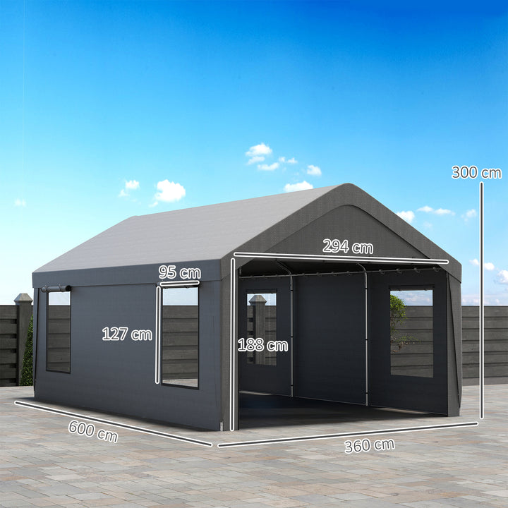 Tenda Garagem Portátil 6x3,6 m Garagem Exterior para Carro Impermeável Abrigo de Armazenamento Anti-UV com Paredes Laterais Removíveis e 2 Portas com Fecho de Correr para Carro Cinzento