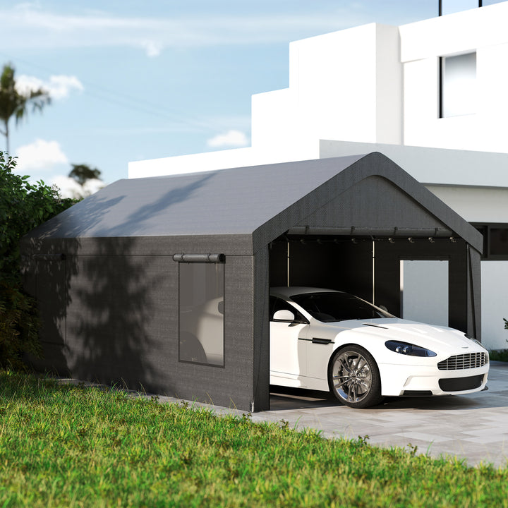 Tenda Garagem Portátil 6x3,6 m Garagem Exterior para Carro Impermeável Abrigo de Armazenamento Anti-UV com Paredes Laterais Removíveis e 2 Portas com Fecho de Correr para Carro Cinzento