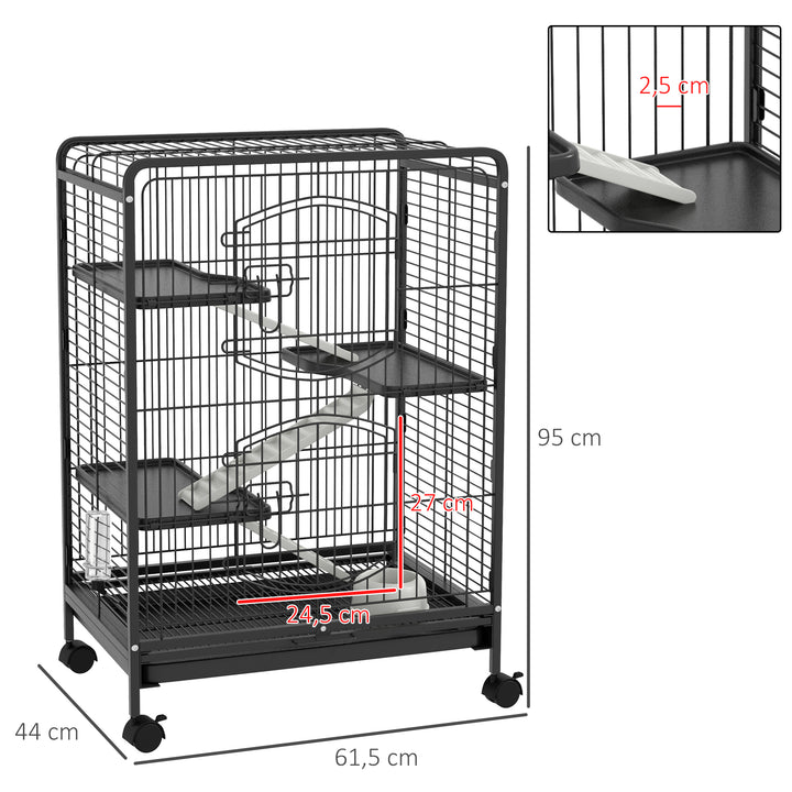 Gaiola para Roedores com Rodas 64x43,5x93cm Gaiola para Animais Pequenos com 2 Portas 3 Plataformas Bandeja Amovível Comedouro e Bebedouro Preto