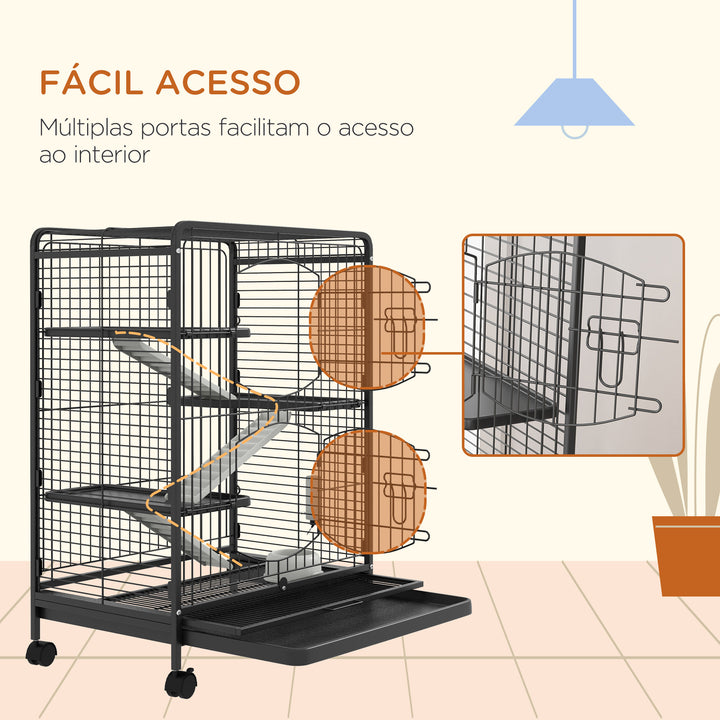 Gaiola para Roedores com Rodas 64x43,5x93cm Gaiola para Animais Pequenos com 2 Portas 3 Plataformas Bandeja Amovível Comedouro e Bebedouro Preto