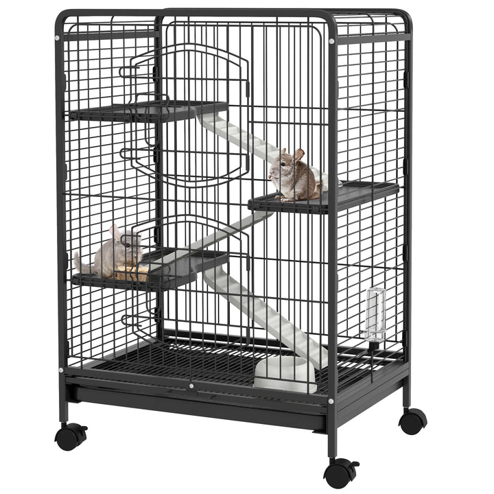 Gaiola para Roedores com Rodas 64x43,5x93cm Gaiola para Animais Pequenos com 2 Portas 3 Plataformas Bandeja Amovível Comedouro e Bebedouro Preto