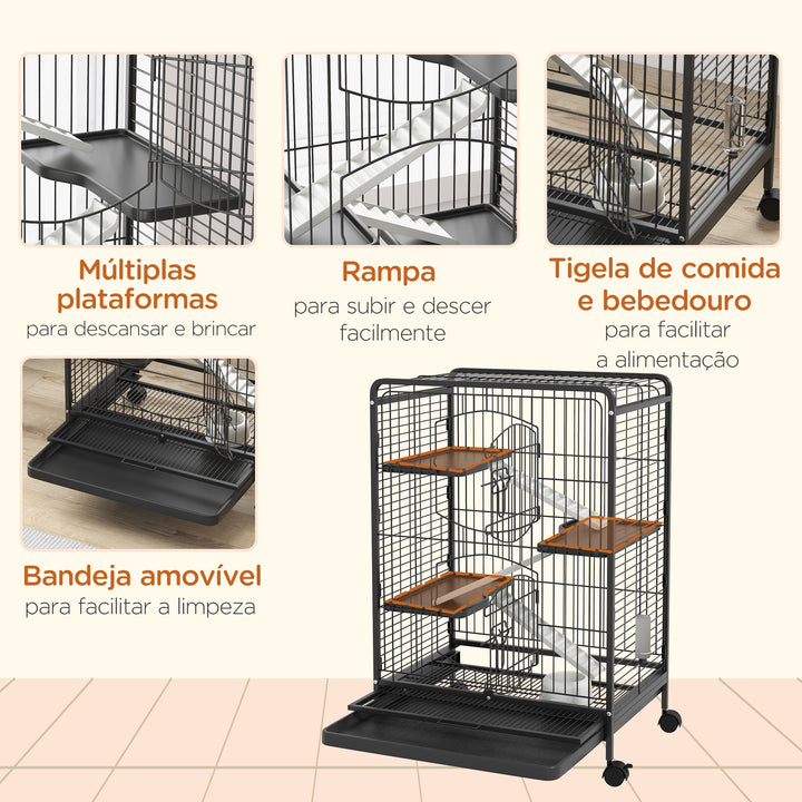 Gaiola para Roedores com Rodas 64x43,5x93cm Gaiola para Animais Pequenos com 2 Portas 3 Plataformas Bandeja Amovível Comedouro e Bebedouro Preto