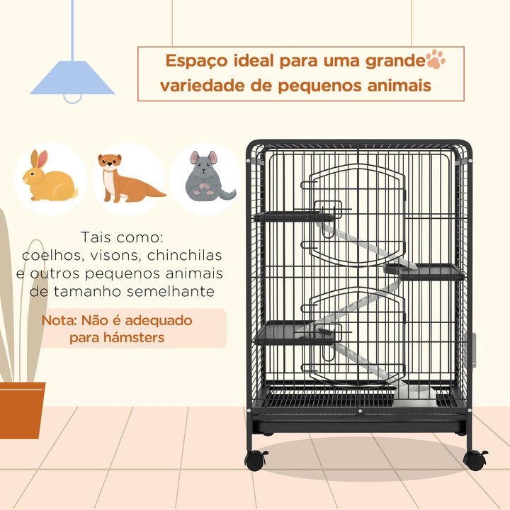 Gaiola para Roedores com Rodas 64x43,5x93cm Gaiola para Animais Pequenos com 2 Portas 3 Plataformas Bandeja Amovível Comedouro e Bebedouro Preto