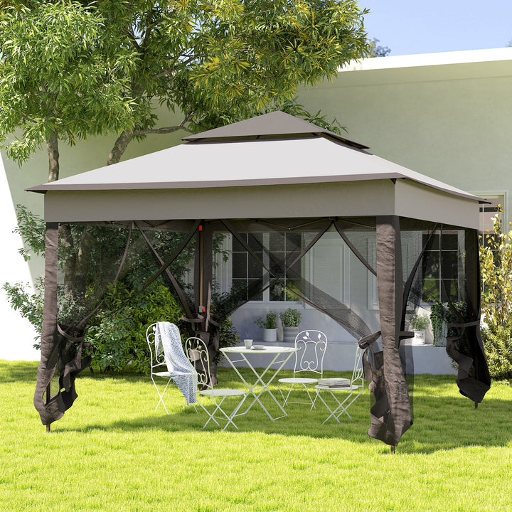 Tenda Dobrável Exterior 325x325x270 cm Tenda de Jardim com Teto Duplo Rede Mosquiteira Amovível e Bolsa de Transporte para Jardim Pátio Cinza