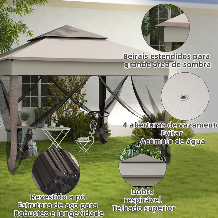 Tenda Dobrável Exterior 325x325x270 cm Tenda de Jardim com Teto Duplo Rede Mosquiteira Amovível e Bolsa de Transporte para Jardim Pátio Cinza