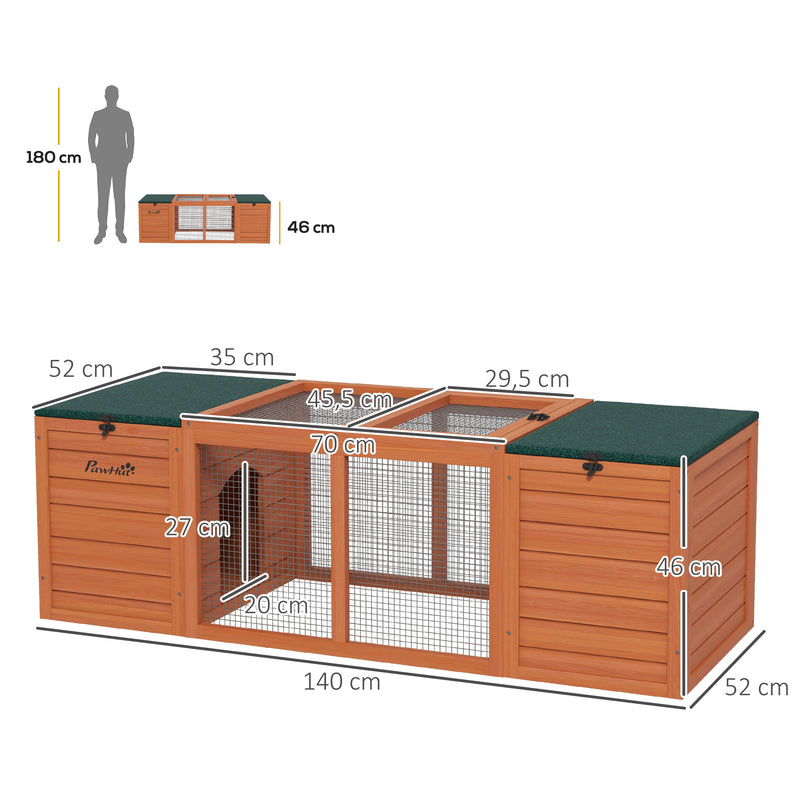 Coelheira de Madeira Gaiola para Coelhos com 2 Ninhos 1 Porta Superior Área Aberta e Telhado de Asfalto para Exterior 140x52x46 cm Madeira