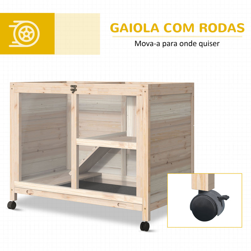 Coelheira de Madeira com Rodas 91,5x53,5x73cm Gaiola para Coelhos de 2 Níveis com Teto Abatível Bandeja Amovível e Rampa Natural