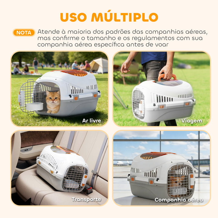 Transportadora para Gatos e Cães Pequenos Caixa de Transporte de Plástico Suporta até 4 kg com Claraboia Taça Porta de Aço Sistema de Fecho Triplo Base Elevada 49x32x31 cm Cinzento Claro