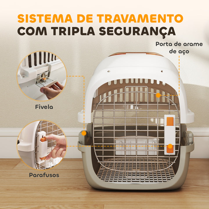 Transportadora para Gatos e Cães Pequenos Caixa de Transporte de Plástico Suporta até 4 kg com Claraboia Taça Porta de Aço Sistema de Fecho Triplo Base Elevada 49x32x31 cm Cinzento Claro