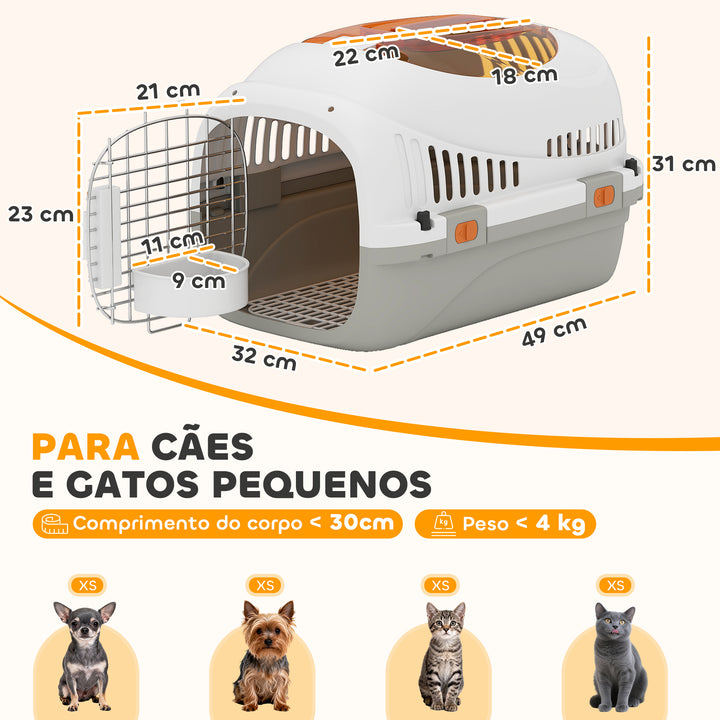 Transportadora para Gatos e Cães Pequenos Caixa de Transporte de Plástico Suporta até 4 kg com Claraboia Taça Porta de Aço Sistema de Fecho Triplo Base Elevada 49x32x31 cm Cinzento Claro