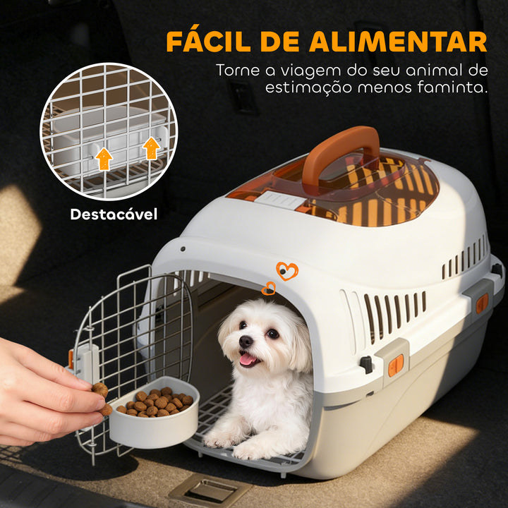Transportadora para Gatos e Cães Pequenos Caixa de Transporte de Plástico Suporta até 4 kg com Claraboia Taça Porta de Aço Sistema de Fecho Triplo Base Elevada 49x32x31 cm Cinzento Claro