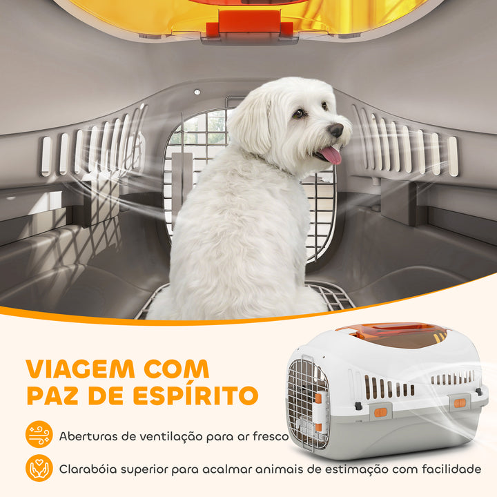 Transportadora para Gatos e Cães Pequenos Caixa de Transporte de Plástico Suporta até 4 kg com Claraboia Taça Porta de Aço Sistema de Fecho Triplo Base Elevada 49x32x31 cm Cinzento Claro