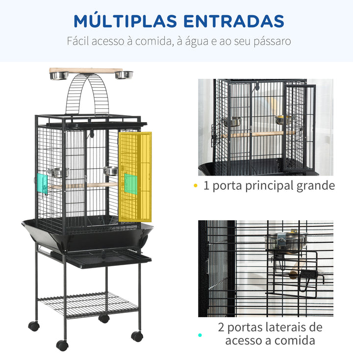 Gaiola para Pássaros com Suporte e Rodas 62,5x62,5x156cm Gaiola Metálica para Aves com Ponte de Arco 2 Poleiros 4 Comedouros 2 Bandejas Removíveis e Prateleira Inferior Cinza