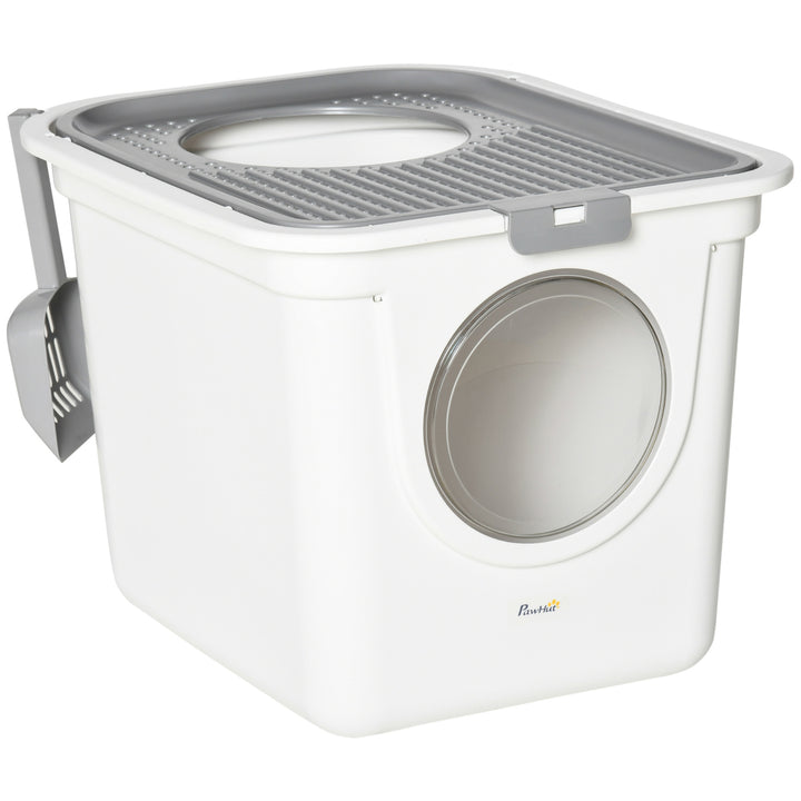 Caixa de Areia para Gatos com Pá Sanita para Animais de Estimação com 2 Portas Entrada Principal e Saída Superior 44x55x39 cm Branco e Cinza