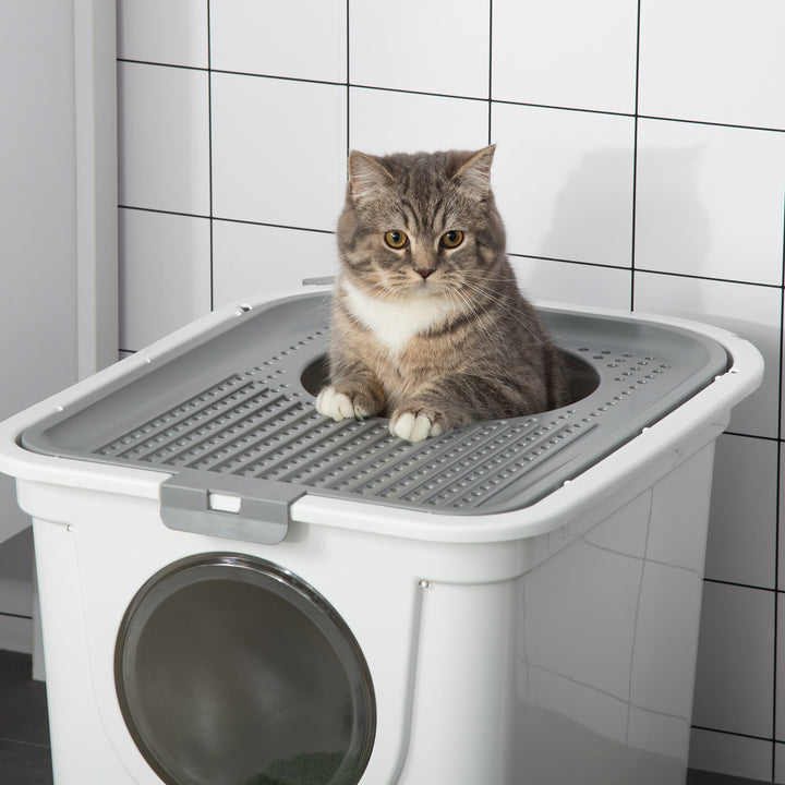 Caixa de Areia para Gatos com Pá Sanita para Animais de Estimação com 2 Portas Entrada Principal e Saída Superior 44x55x39 cm Branco e Cinza