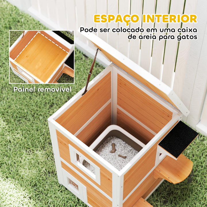 Casa para Gatos Exterior em Madeira 2 Níveis com Telhado Basculante Painel Central Removível Janelas Portas para Terraço Varanda Jardim 51x51x81,3 cm Madeira