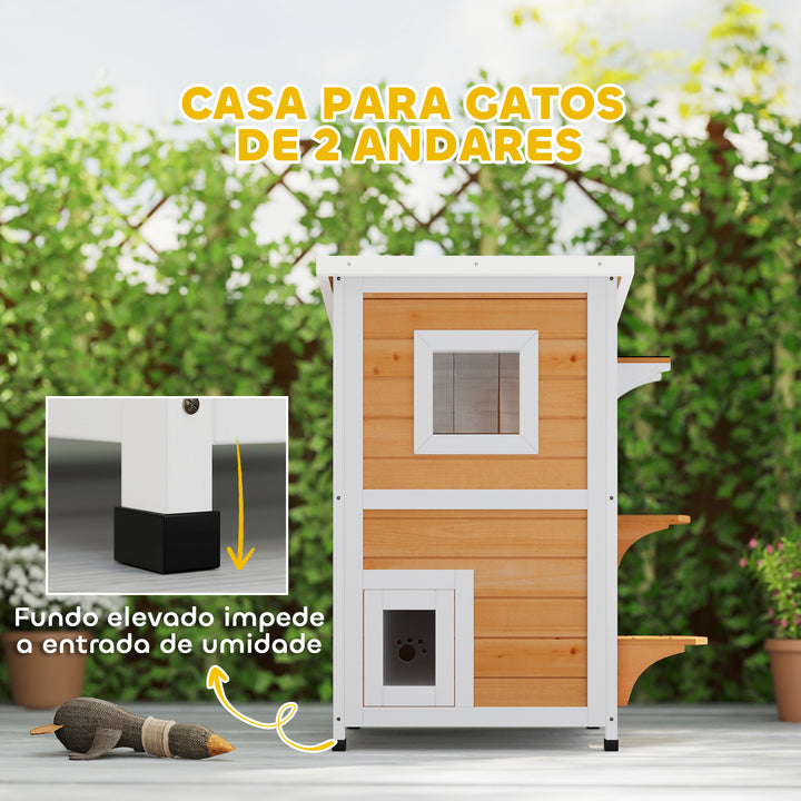 Casa para Gatos Exterior em Madeira 2 Níveis com Telhado Basculante Painel Central Removível Janelas Portas para Terraço Varanda Jardim 51x51x81,3 cm Madeira