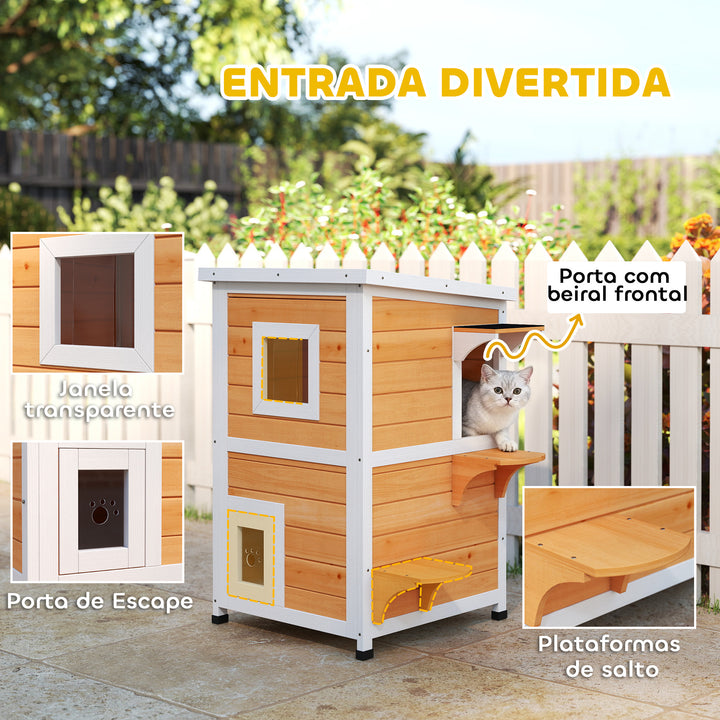 Casa para Gatos Exterior em Madeira 2 Níveis com Telhado Basculante Painel Central Removível Janelas Portas para Terraço Varanda Jardim 51x51x81,3 cm Madeira