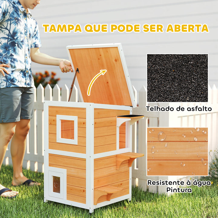 Casa para Gatos Exterior em Madeira 2 Níveis com Telhado Basculante Painel Central Removível Janelas Portas para Terraço Varanda Jardim 51x51x81,3 cm Madeira