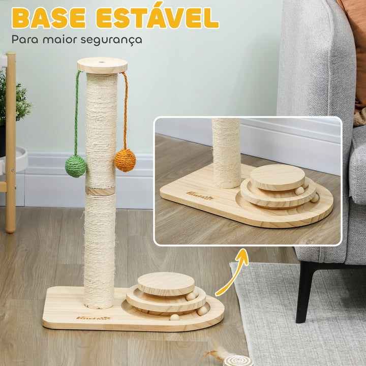 Poste Arranhador para Gatos Altura 56,5 cm Arranhador para Gatos com 3 Bolas Suspensas Brinquedo de Bola de Pista e Poste de Sisal Madeira