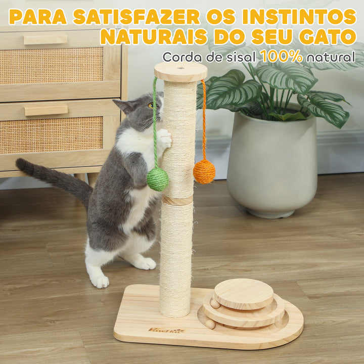 Poste Arranhador para Gatos Altura 56,5 cm Arranhador para Gatos com 3 Bolas Suspensas Brinquedo de Bola de Pista e Poste de Sisal Madeira