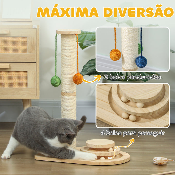 Poste Arranhador para Gatos Altura 56,5 cm Arranhador para Gatos com 3 Bolas Suspensas Brinquedo de Bola de Pista e Poste de Sisal Madeira