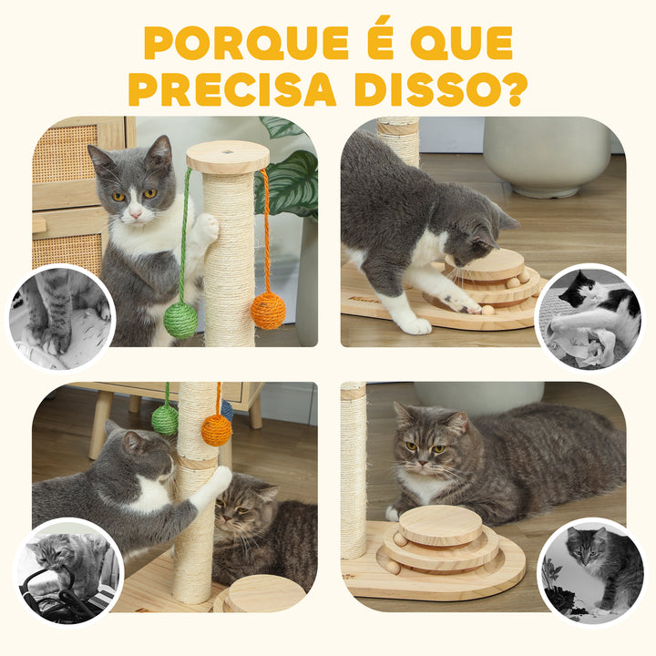 Poste Arranhador para Gatos Altura 56,5 cm Arranhador para Gatos com 3 Bolas Suspensas Brinquedo de Bola de Pista e Poste de Sisal Madeira