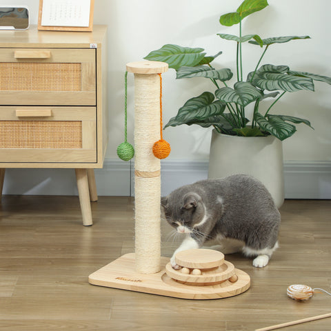 Poste Arranhador para Gatos Altura 56,5 cm Arranhador para Gatos com 3 Bolas Suspensas Brinquedo de Bola de Pista e Poste de Sisal Madeira