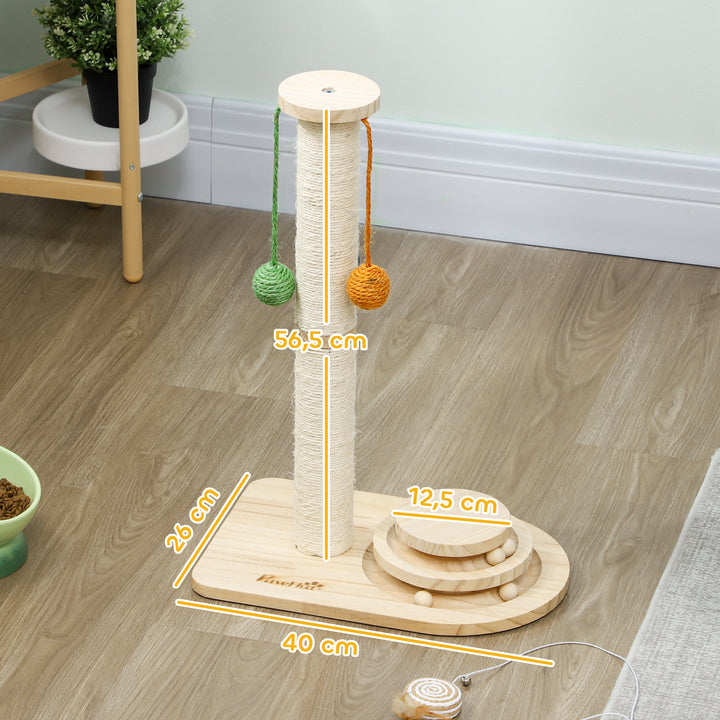 Poste Arranhador para Gatos Altura 56,5 cm Arranhador para Gatos com 3 Bolas Suspensas Brinquedo de Bola de Pista e Poste de Sisal Madeira
