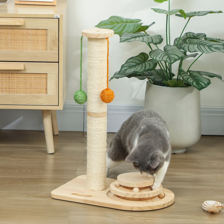 Poste Arranhador para Gatos Altura 56,5 cm Arranhador para Gatos com 3 Bolas Suspensas Brinquedo de Bola de Pista e Poste de Sisal Madeira
