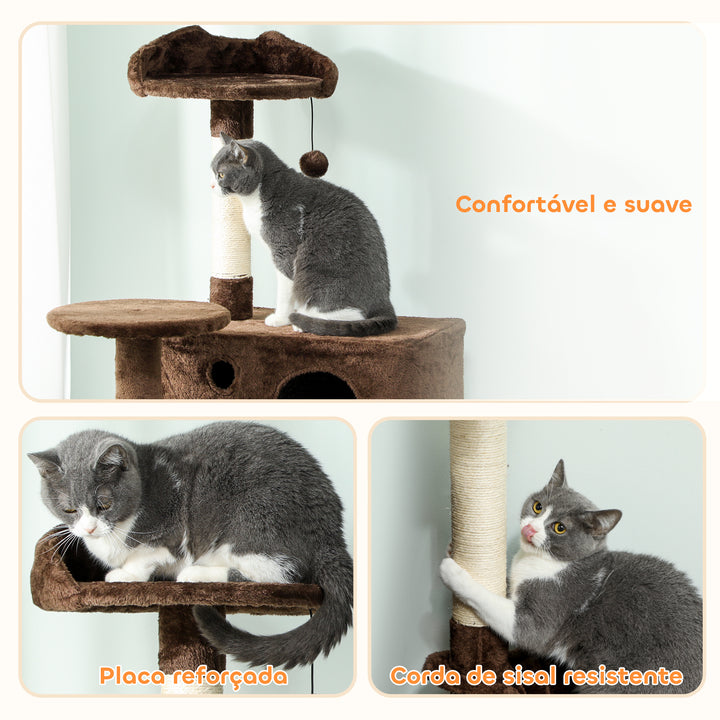 Arranhador para Gatos 160 cm Torre de Escalada com Múltiplas Plataformas Cama 2 Cavernas Rede Escada Postes de Sisal Bolas para Brincar Marrom