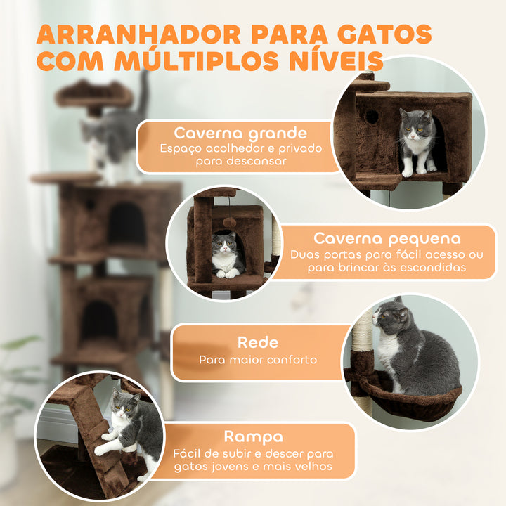 Arranhador para Gatos 160 cm Torre de Escalada com Múltiplas Plataformas Cama 2 Cavernas Rede Escada Postes de Sisal Bolas para Brincar Marrom