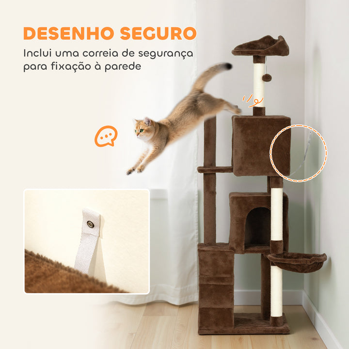 Arranhador para Gatos 160 cm Torre de Escalada com Múltiplas Plataformas Cama 2 Cavernas Rede Escada Postes de Sisal Bolas para Brincar Marrom