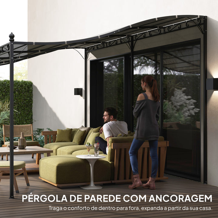 Pérgola de Parede de Jardim 3x6 m Pérgola de Jardim com Telhado Inclinado Orifícios de Drenagem e Estrutura Metálica Resistente às Intempéries para Pátio Terraço Varanda Cinzento Escuro