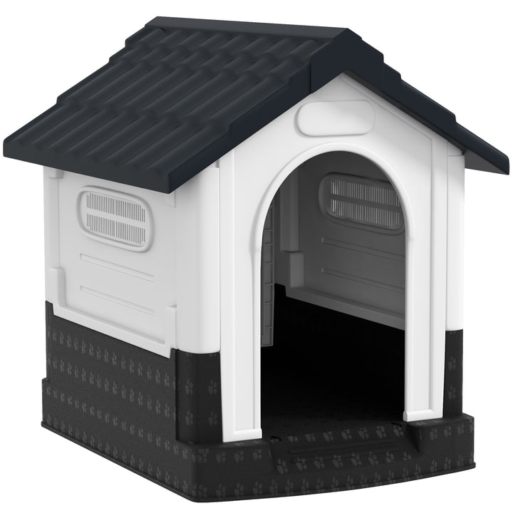 Casota para Cães Mini de Exterior Casa de Plástico com 3 Janelas Base Elevada Telhado Imitando Telhas 64,5x57x66 cm Cinzento Escuro