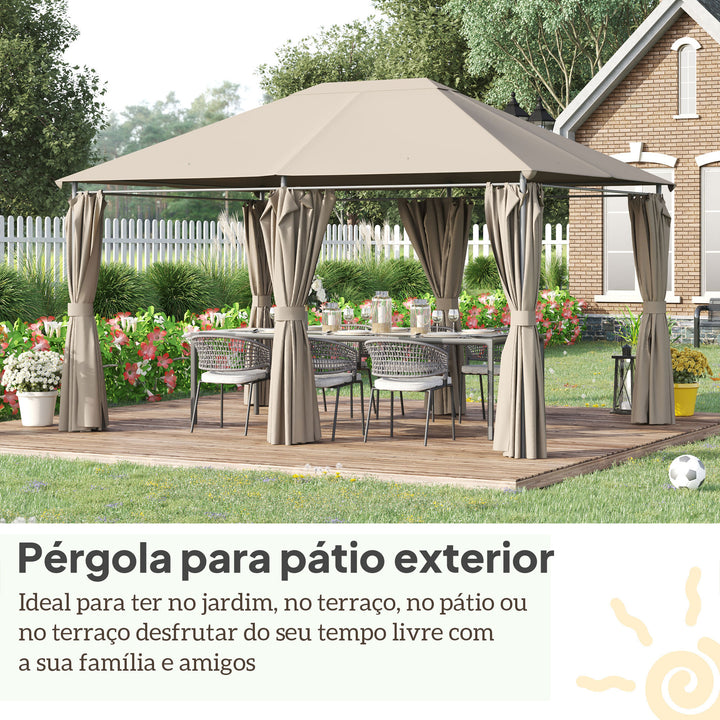 Pégola de Jardim Pérgola de Exterior com Paredes Laterais Amovíveis e Estrutura de Aço para Festas Eventos 398x300x272 cm Cáqui