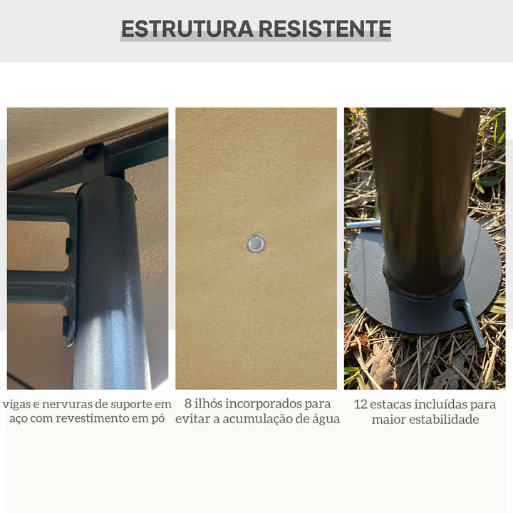 Pégola de Jardim Pérgola de Exterior com Paredes Laterais Amovíveis e Estrutura de Aço para Festas Eventos 398x300x272 cm Cáqui