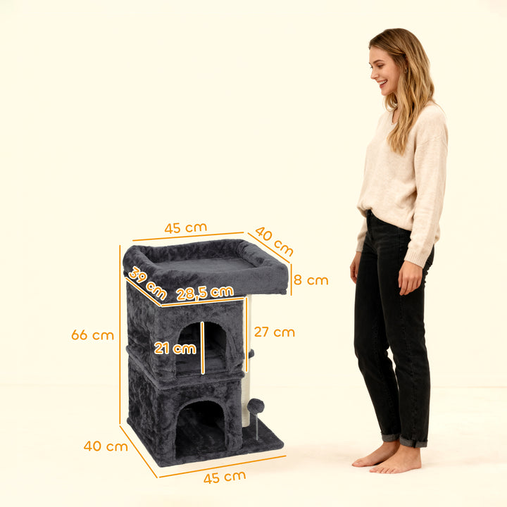 Arranhador para Gatos 66 cm Torre para Gatos com Cama 2 Cavernas Poste de Sisal e Bola para Brincar Cinzento Escuro