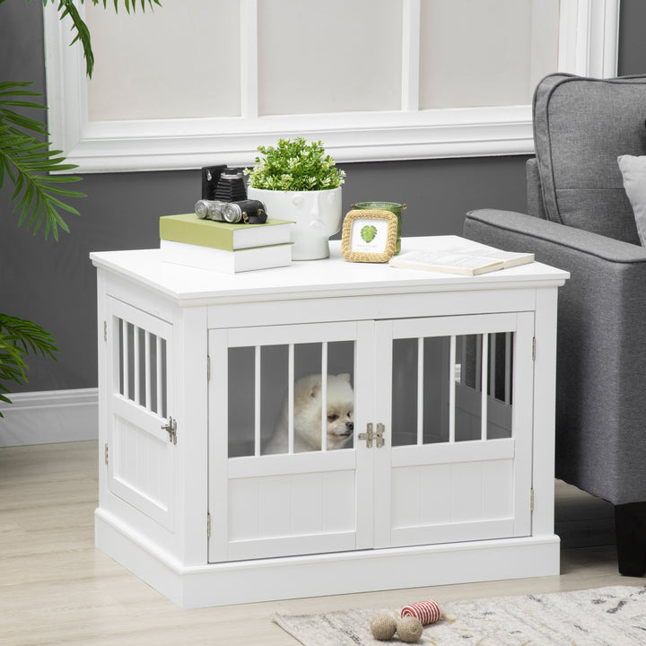 Gaiola para Cães com Mesa Auxiliar Casa para Animais de Estimação Moderna com 3 Portas Francês e Fecho Magnético para Cães Pequenos 78x53x59,3 cm Branco